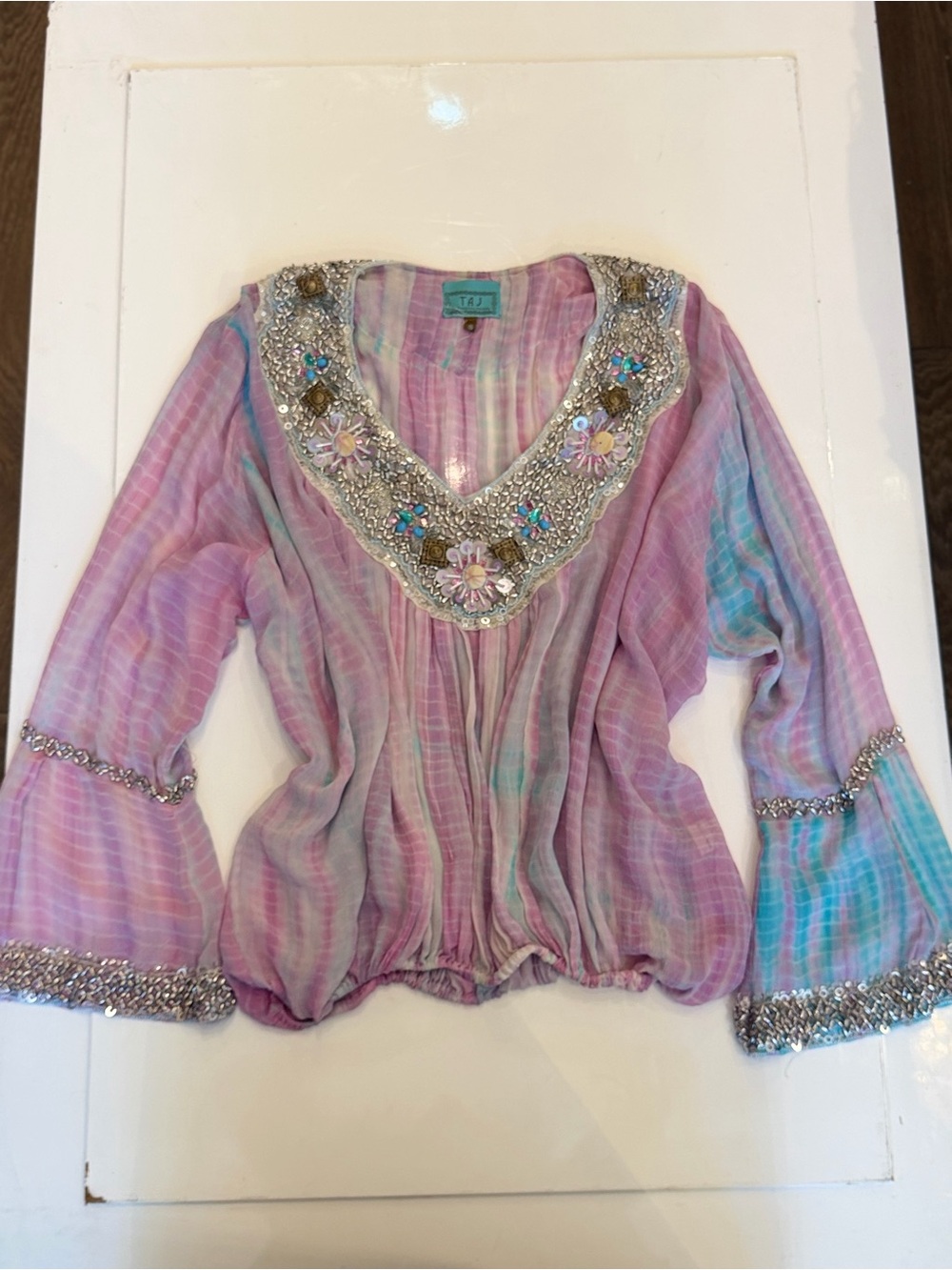 TAJ by Sabrina Crippa Pastel Pink & Blue Beaded V-Neck Tunic